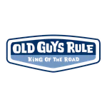 Old Guys Rule logo with dark blue text and light blue banner reading King of the Road on black background