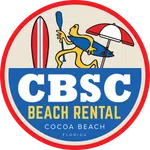 CBSC Beach Rental logo with a stylized paddleboarder, surfboard, and beach umbrella in red, blue, and yellow.