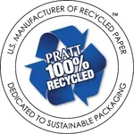 Blue recycling symbol with text indicating Pratt 100% recycled paper and dedication to sustainable packaging