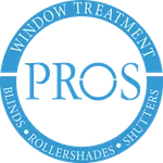 Blue circular logo with text PROS and window treatment services including blinds, rollershades, shutters