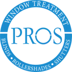 Blue circular logo for PROS Window Treatment featuring text about blinds, rollershades, and shutters.