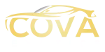 COVA Exotics logo in gold and silver with sleek car silhouette above the brand name on a black background