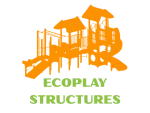 Orange playground climbing structure with slides and bridges with green text Ecoplay Structures below