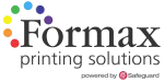 Formax printing solutions logo with colorful circular dots and Safeguard powered text.
