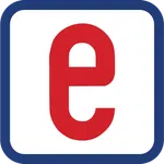 Red lowercase letter e inside a white square with rounded edges and a bold blue border