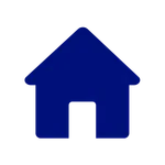 Simple blue house icon with a triangular roof and centered entrance on a transparent background