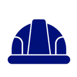 Blue construction hard hat icon with segmented design representing safety gear.