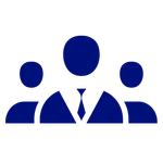 Blue business team icon with one central figure wearing a tie and two figures on each side.