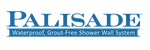 Palisade logo with tagline Waterproof, Grout-Free Shower Wall System in blue text on white background