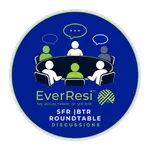 Illustration of six diverse figures in a roundtable discussion with EverResi logo and text on blue background.