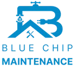 Blue Chip Maintenance logo with a blue house, faucet, plug, wrench, and hammer icons symbolizing home repair services.