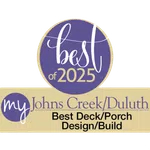 Award badge for Best Deck and Porch Design/Build in Johns Creek/Duluth for 2025 with purple and gold colors.