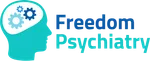 Freedom Psychiatry logo with blue and teal head silhouette and gears symbolizing mental health
