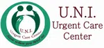 Logo for U.N.I. Urgent Care Center with stylized figures and slogan Here when you need us