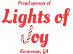 Red text reads Proud sponsor of Lights of Joy with a candy cane J in Kennesaw, GA on white background