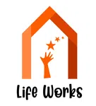 Orange hand reaching for stars inside a house-shaped frame with Life Works text below