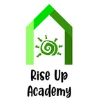 Rise Up Academy logo featuring a stylized green house outline with a spiral sun inside and black text below.