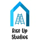 Blue ladder inside a stylized house shape with Rise Up Studios text below on white background