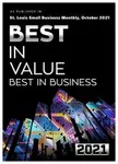 Award badge for Best in Value and Best in Business by St. Louis Small Business Monthly, October 2021.