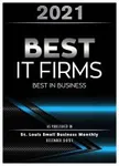 2021 Best IT Firms award badge presented by St. Louis Small Business Monthly with blue and black design.