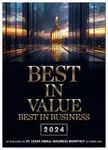 Best in Value Best in Business 2024 award with city skyline and sunset reflection background