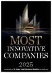Award emblem for Most Innovative Companies 2025 featuring gold and silver skyscraper design on black background