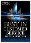 2026 Best in Customer Service award with modern gleaming architectural design and bold text on black background.