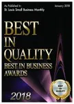 Best in Quality 2018 Business Awards cover with gold text and award seal on black and purple background.