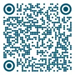 Blue dotted QR code on white background with circular patterns in three corners for scanning digital information.
