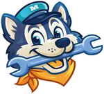 Smiling cartoon husky wearing a blue cap and orange scarf holding a wrench in its mouth.