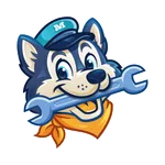 Cartoon husky dog mascot wearing a blue cap and orange bandana holding a wrench in its mouth.