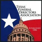 Texas Funeral Directors Association logo with Texas Capitol dome and state flag colors, established 1886.