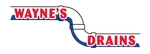 Wayne's Drains logo featuring red text over a blue and black pipe graphic.