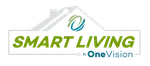 Logo of Smart Living by OneVision featuring a house outline and modern green and blue text design.