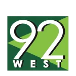 Logo of Gallery 92 West featuring bold white numbers and letters on a green geometric background