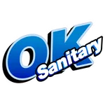 Blue gradient OK Sanitary logo with bold white text outlined in black and blue on a white background.