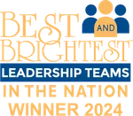 Best and Brightest Leadership Teams in the Nation Winner 2024 logo with blue and gold colors and people icons.