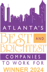 Logo for Atlanta's Best and Brightest Companies to Work For Winner 2024 with city skyline and bold text