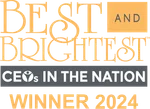 Best and Brightest CEOs in the Nation Winner 2024 award logo with gold and gray text on transparent background