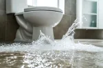 Water flooding and splashing on bathroom floor near toilet causing potential damage and mess.