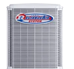 Front view of a Reliable Air System white HVAC unit with protective grille and logo.