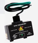Ditek DTK-120/240CM+ surge protector device with connected wires and indicator light showing normally on status.