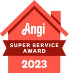 Angi Super Service Award 2023 logo shaped like a red house with white text.