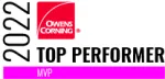 Owens Corning 2022 Top Performer MVP award badge with red and black text on white background