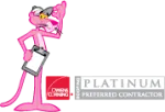 Pink Panther cartoon holding clipboard standing next to Owens Corning Platinum Preferred Contractor logo