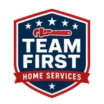 Shield logo with red pipe wrench, five stars, and bold text Team First Home Services in red, white, and blue colors