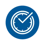 White clock with checkmark symbol inside blue circle representing time management or productivity.