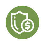 White shield and dollar sign icon on green circular background representing financial security and protection