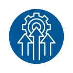 Three white arrows pointing upward towards a central gear icon on a blue circular background symbolizing growth and progress.