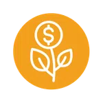 White line art of a plant with dollar sign coin on a stem inside an orange circle background
